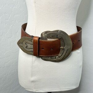 VTG Johnny Farah Western Leather Belt Brown Wide Belt Buckle Cowhide Small